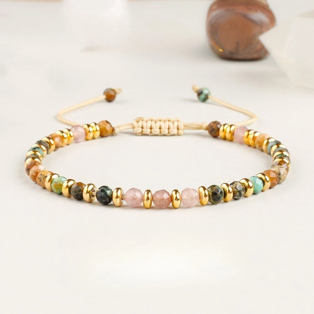 Charm Retro Hand-woven Gold Color Spacer Bead Cut Surface Strawberry Crystal Beaded Adjustable Bracelets for Women Men Jewelry