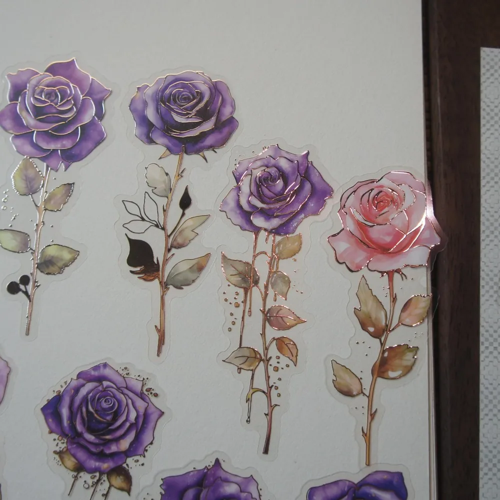 10 Pcs Gold Line Rose Blooming in The Middle of The Night Design PVC Sticker Scrapbooking DIY Gift Decoration Tag view 2