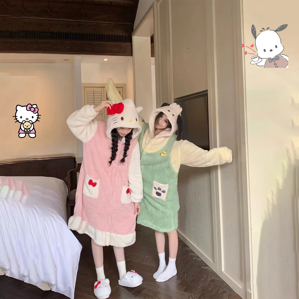 

Kawaii аниме Sanrio Pochacco женский ночной халат пижамы плюшевые утепленные зимние хлопковые с капюшоном теплая домашняя одежда для девочек мягкий милый мультфильм