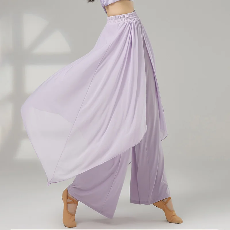 Wide Leg Modern Dance Pant For Women Double Layers Chinese Folk Dance Trousers Soft Mesh Belly Dance Costume Clothing