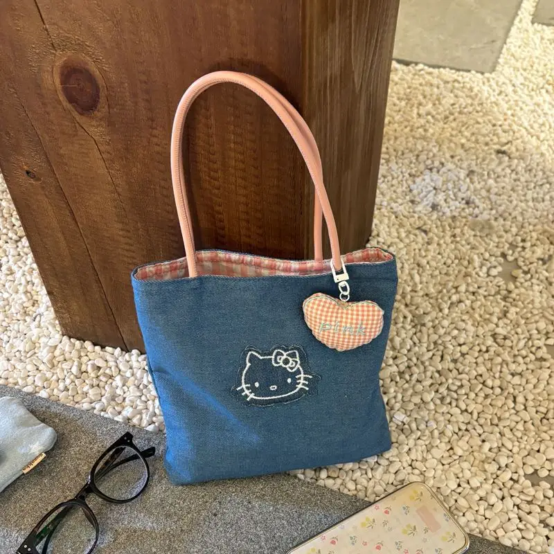 

Sanrio Hello Kitty Canvas Handbag Kt Cat Small Denim Mobile Phone Cosmetic Bag Portable Ladies Bag Birthday Cowboy Handbag Gifts