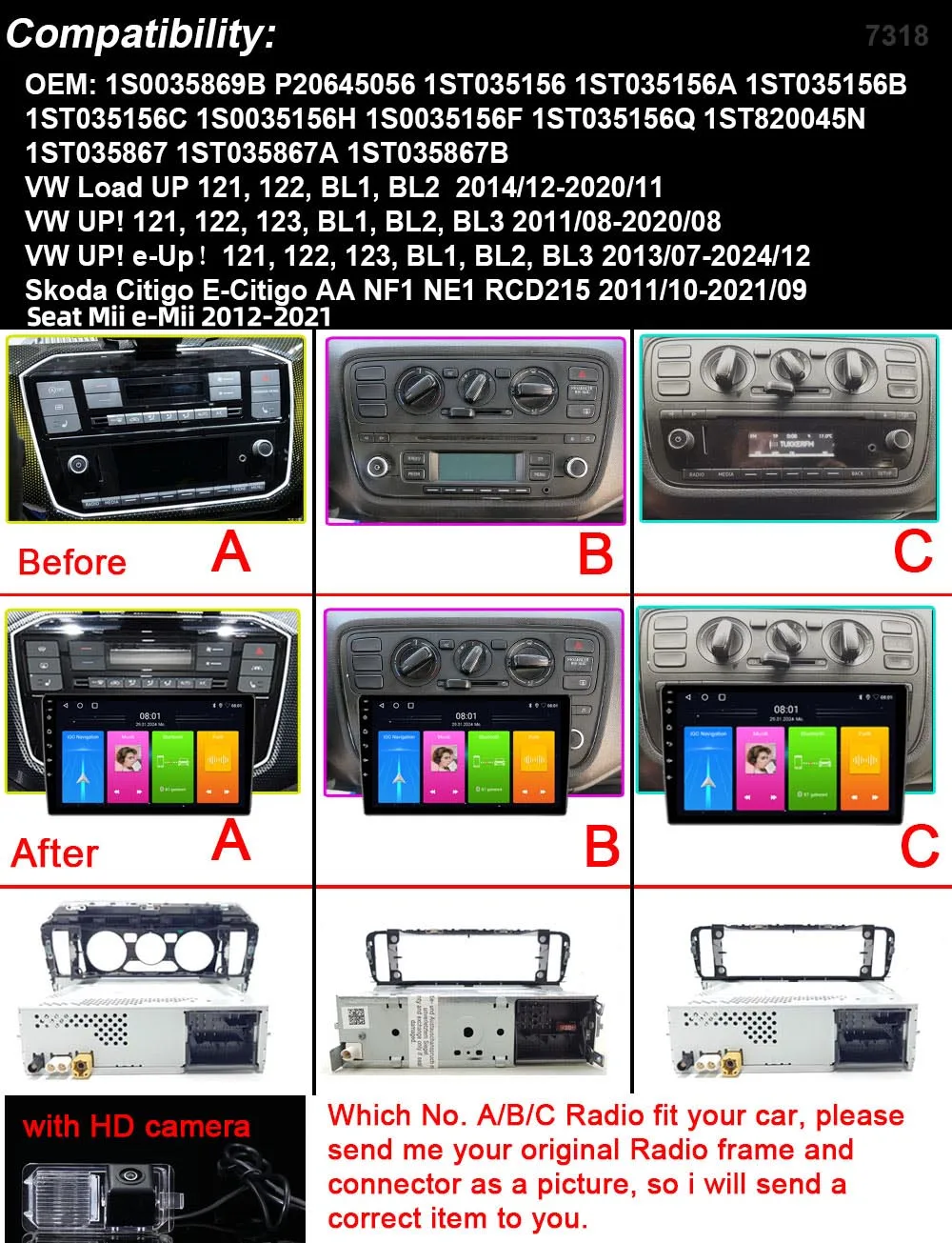 Android 9” car radio with carplay GPS Navigation+ HD reverse camera for VW UP! e-up! ab 2011-2017 OEM 1S0035156H