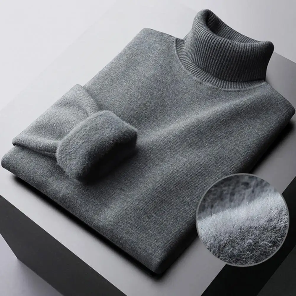 Men Solid Color Sweater Men's Half-high Collar Knit Sweater with Plush Lining Warm Solid Color Bottoming Knitwear for Fall