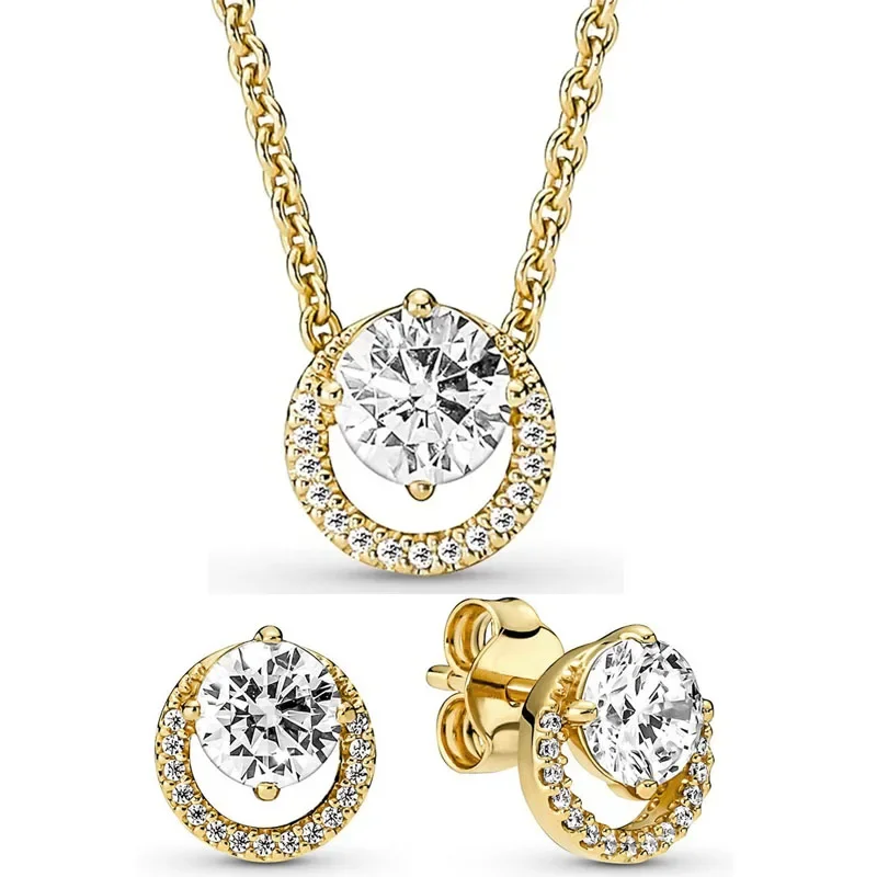 

2025 New 925 silver Golden Shine Sparkling Round Halo Earring Necklace With Crystal For Women Jewelry Set Gift