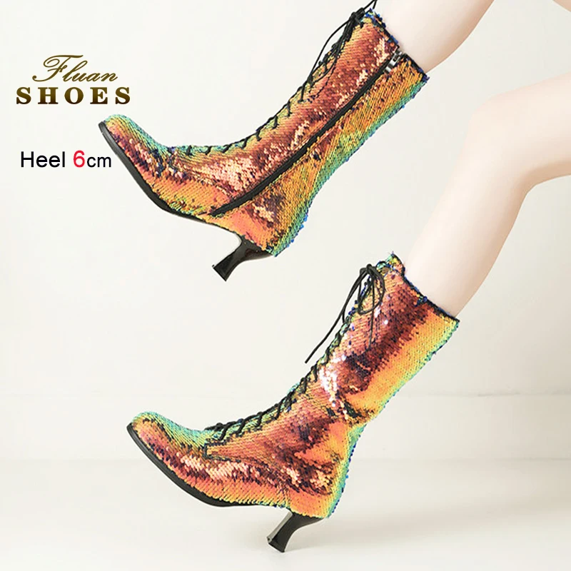 

Blingbling Knight Boots 6CM Thin Heels Women Mid-calf Boots Luxury Gold Sequin Botas Mujer Big Size 35-43 Women Sexy Party Shoes