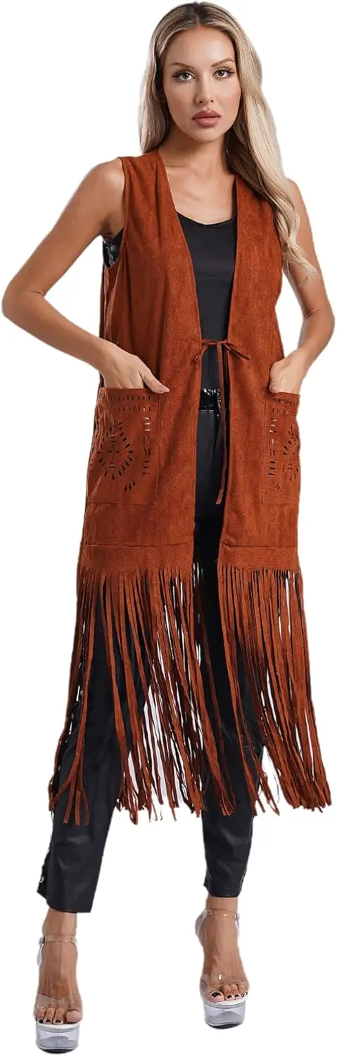 Women's Long Tassel Vest 70s Hippie Outfit Sleeveless Open Front Jacket Western Cowgirl Outfit