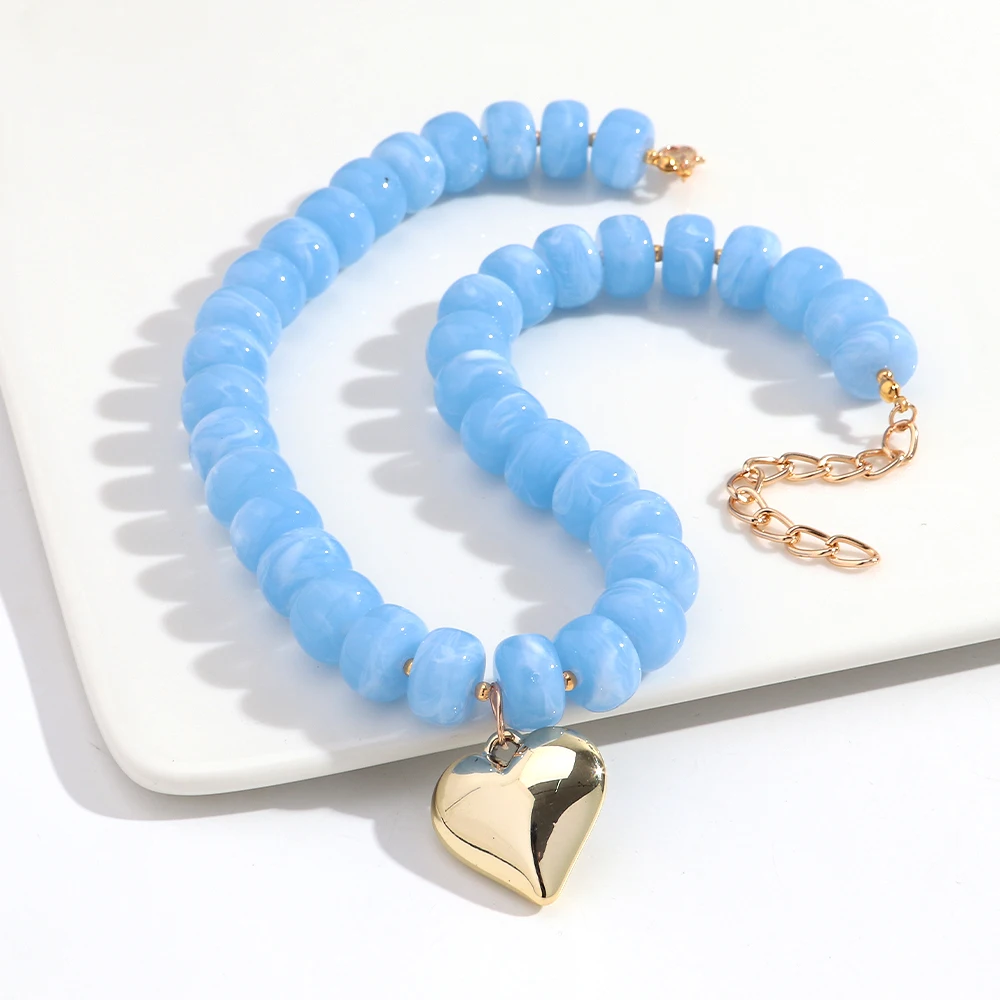Boho Bunte Acryl Flache Runde Perlen Herz-Anhänger Halskette Geometrische Liebesherz Perlen-Choker Trendiger Schmuck Geschenke – Detail 9