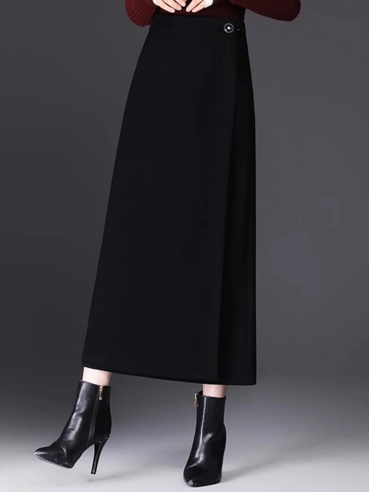 High Waist Midi Length Tweed Skirt for Women Spring Autumn Open Slit A-Line Long Skirt Slimming Effect Commute Style