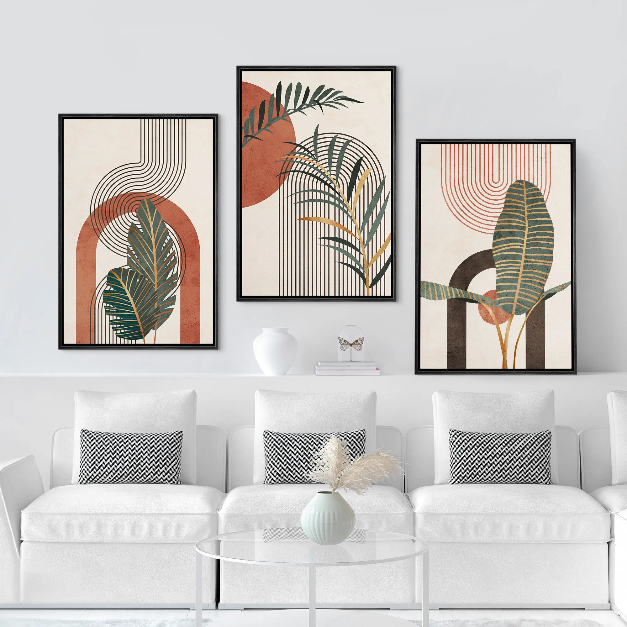 3PCS frameless decorative art print,Mid-Century Tropical Leaf Wall Art Set, Boho Abstract Geometric Terracotta Canvas Prints, Mi