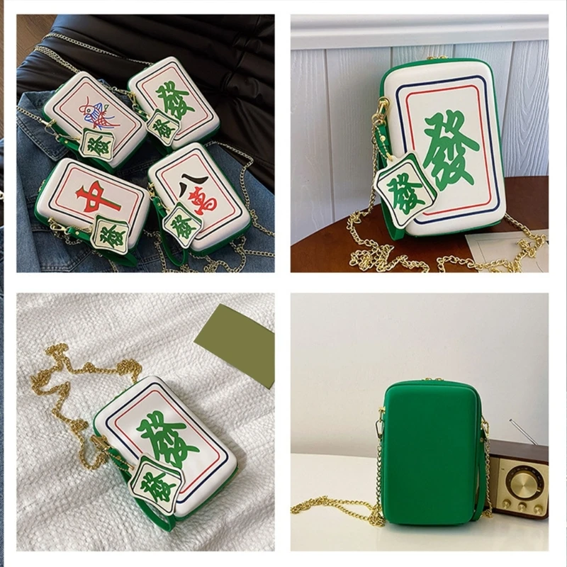 Modieuze crossbodytas met Mahjong-print voor dames met kettingriem PU lederen schoudertas Bags