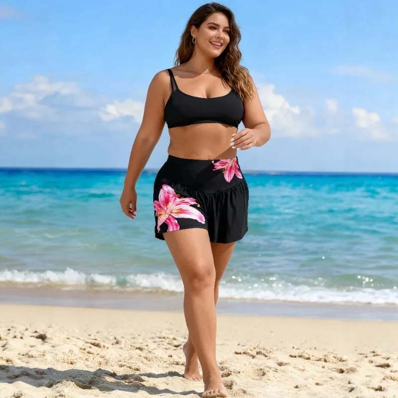 

2025 New Women's Plus Size Board Shorts - Floral Print High-Waisted Tummy-Control Swim Trunks with Pockets for Beach & Pool