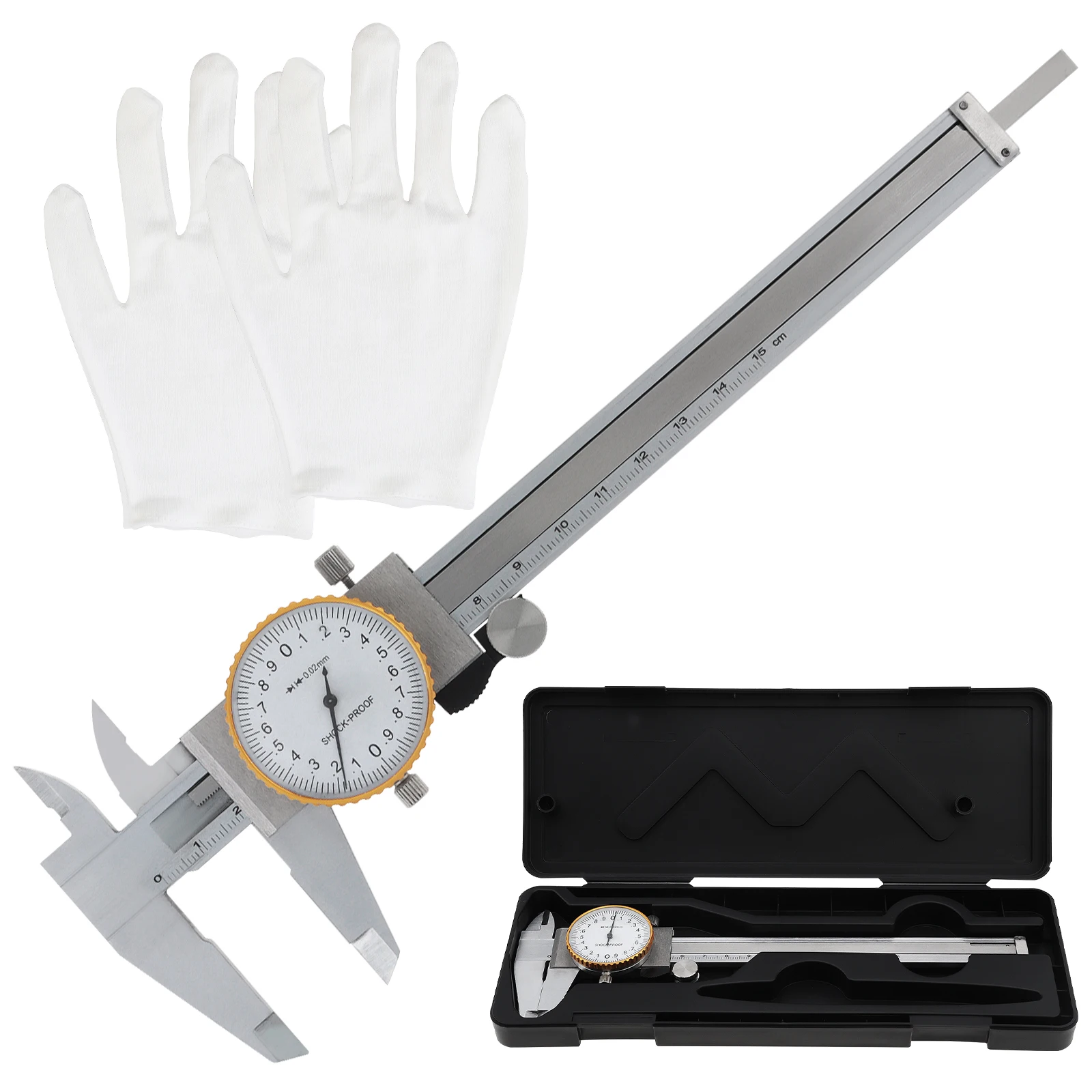 3pcs/set 0-150mm Dial Caliper Metric Scale Carbon Steel Shockproof Vernier Caliper Kit Cotton Gloves Case 4-Way Measuring Tool