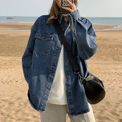 Vintage Washed Jean Shirt Tops Woman Spring Autumn Single-Breasted Long Sleeve Denim Coat Women Korean Simple Loose Outerwear