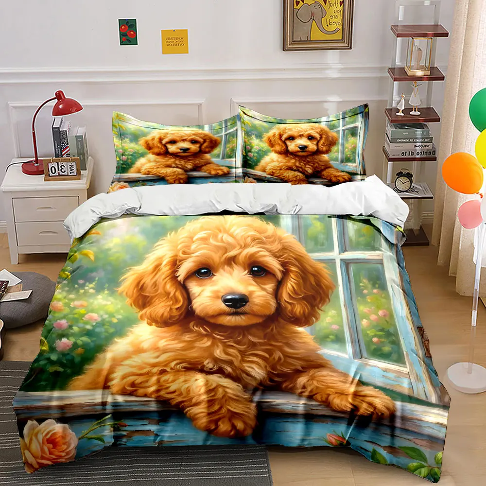 Fluffy curly-haired dog by window Printed Duvet Cover Set1 Duvet Cover+2 PillowcaseMulti Size Bedroom Bedding Decor