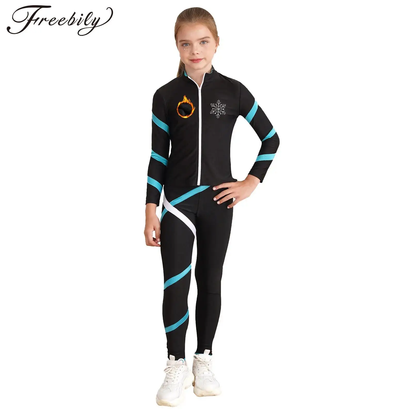 

Kids Girls Figure Skating Outfit Gymnastics Dance Yoga Workout Sports Set Fleece-Lined Long Sleeve Zipper Jacket with Leggings