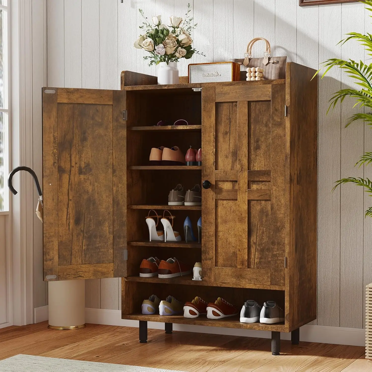 

6-story Farmhouse Shoe Cabinet with Adjustable Shelves, Capable of Accommodating 18-24 Pairs of Shoes and Metal Legs