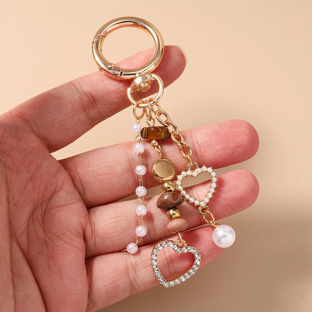 Vintage Beaded Keychain for Women Faux Pearl Natural Stone Butterfly Heart Bag Charm Key Ring