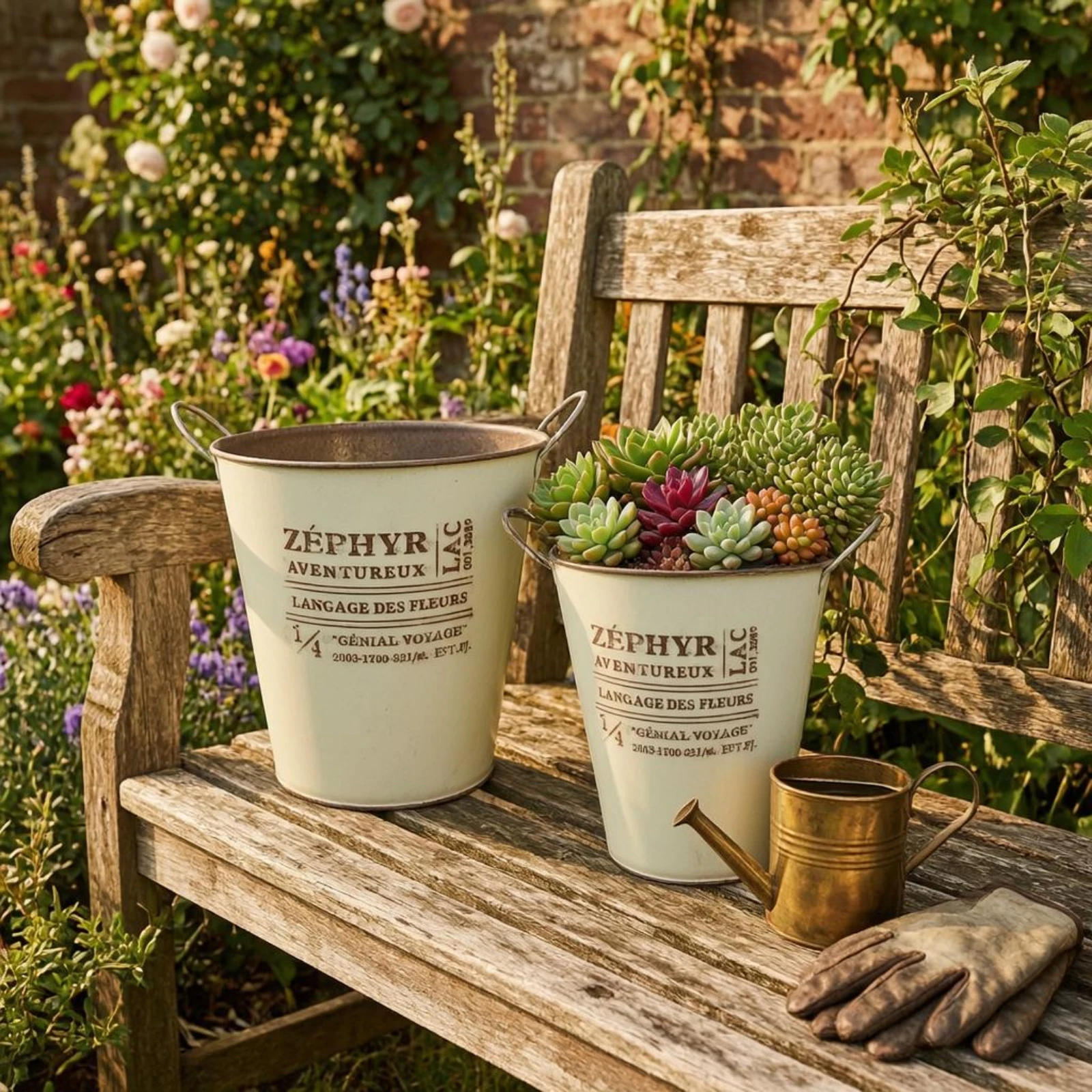2 Pieces Metal Pail Planter Decorative Lettering Rustic Flower Pot Distressed Metal Pail Iron Construction