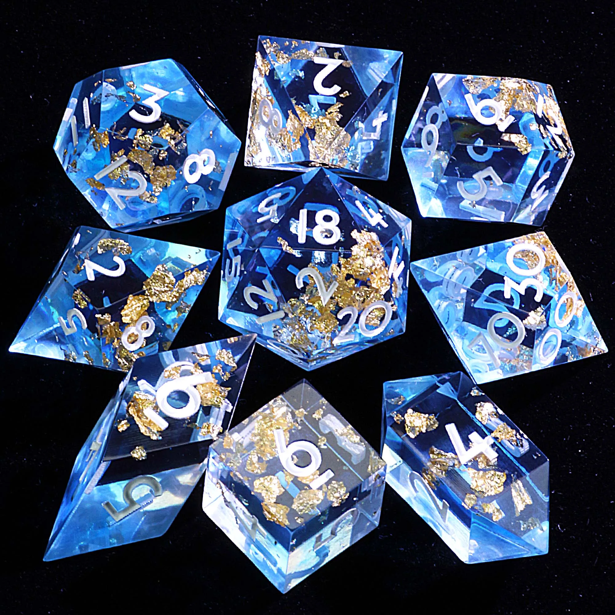 

9 Polyhedral Resin D and D Sets of Dice Azure Gold Oath