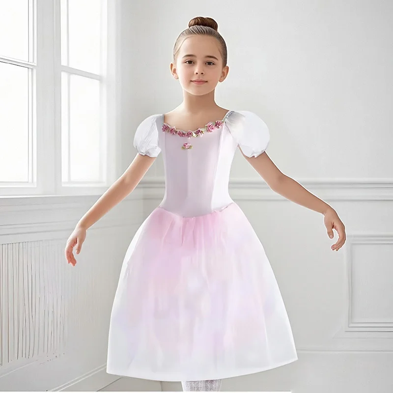 子供ジゼルバレエ衣装女の子のためのロングバレエレオタードダンスドレスレースバブルスリーブチュールスカートチュチュバレリーナダンスウェア
