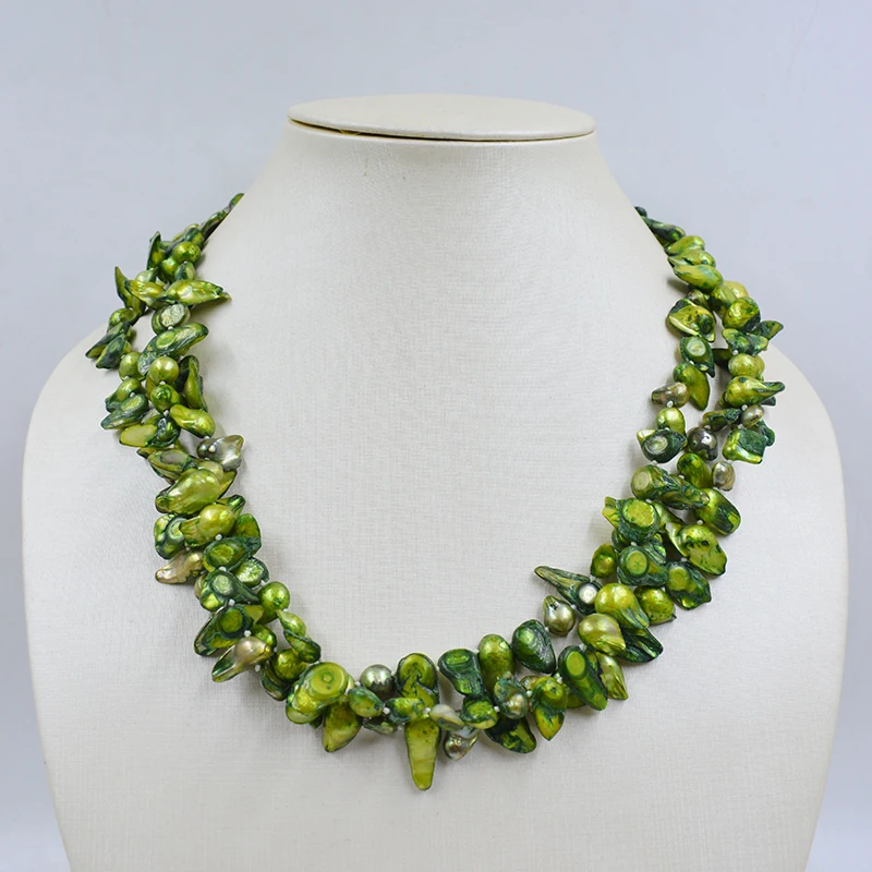 

The last classic necklace. 3-strand natural baroque green pearl necklace. Pretty girl with pearl jewelry 20"