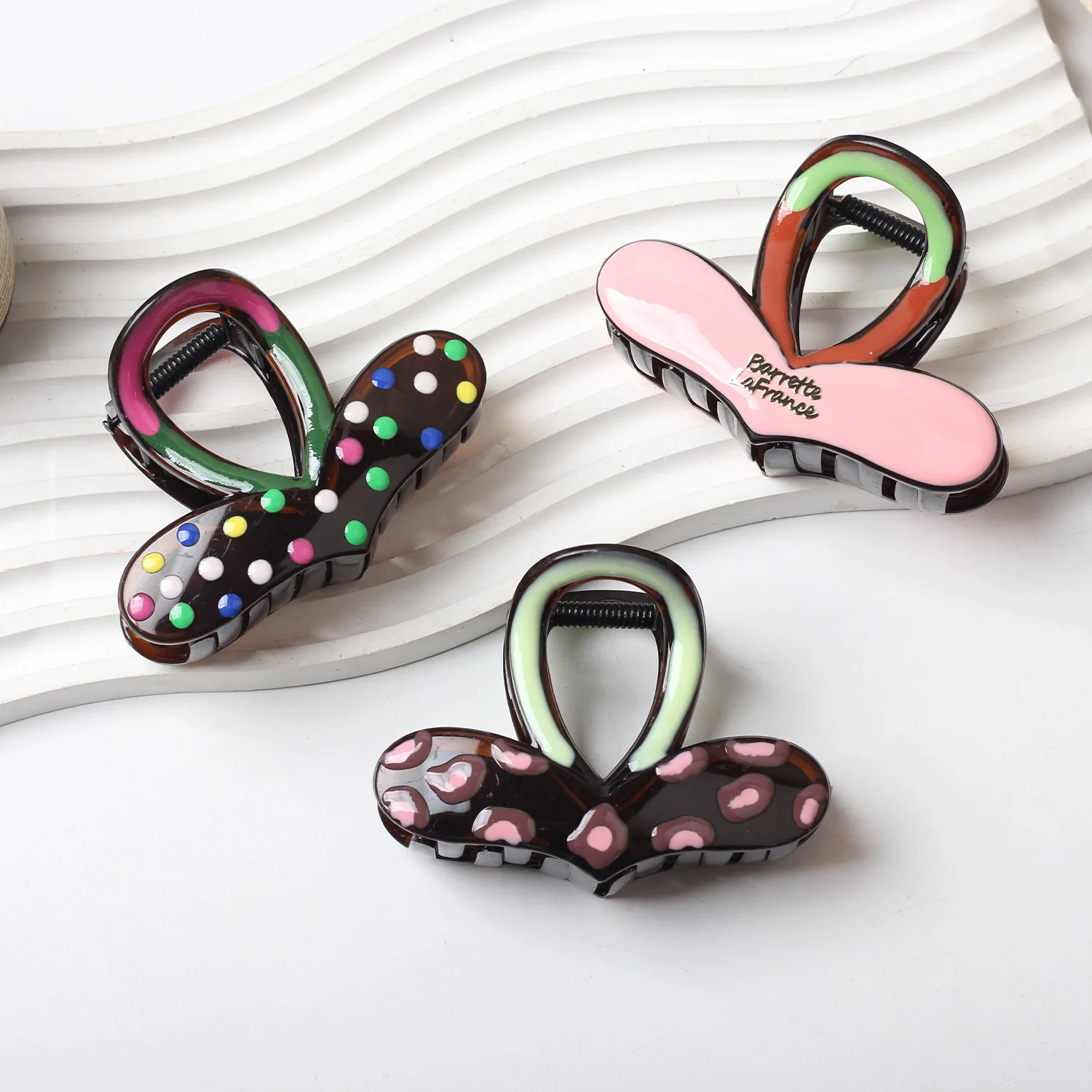 

Модная заколка-краб для волос в стиле «Дофамин» с цветными горошками и принтом «Любовь», премиум-класса, для затылка, аксессуар для волос