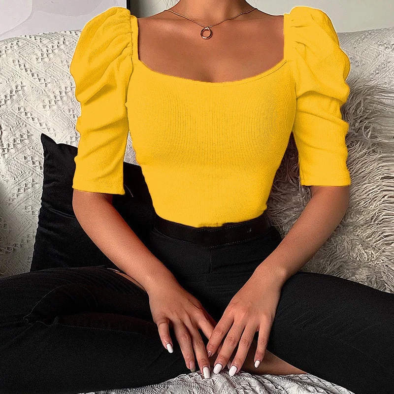 HONGHANYUAN Women Tops 8 Colors Slim Puff Sleeve Top Pure Color Square Collar Crop Top Short Sleeve T-shirt Size S-3XL