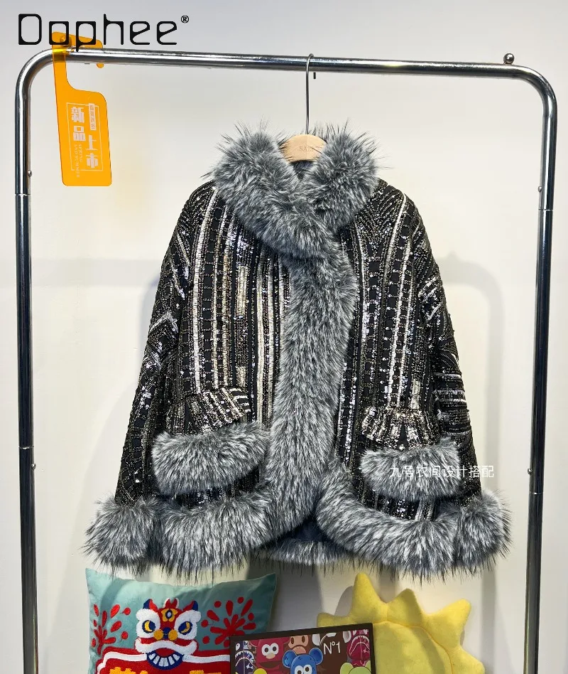 Heavy Industry Beaded Sequin Faux Fur Coat for Women 2025 Winter New High End Elegant Fashion Thicken Loose Warm Fur Jacket