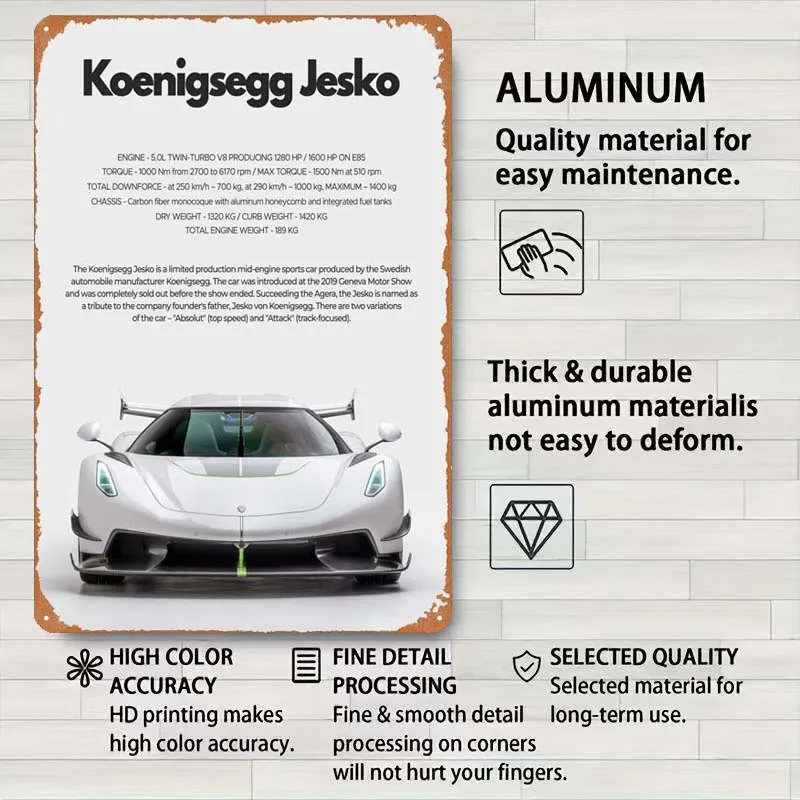 Koenigsegg Jesko Sign Cars Poster Wall Decor Living Room Decor Metal Tin Sign for Garage Wall Art Decoration Man Cave Retro Home