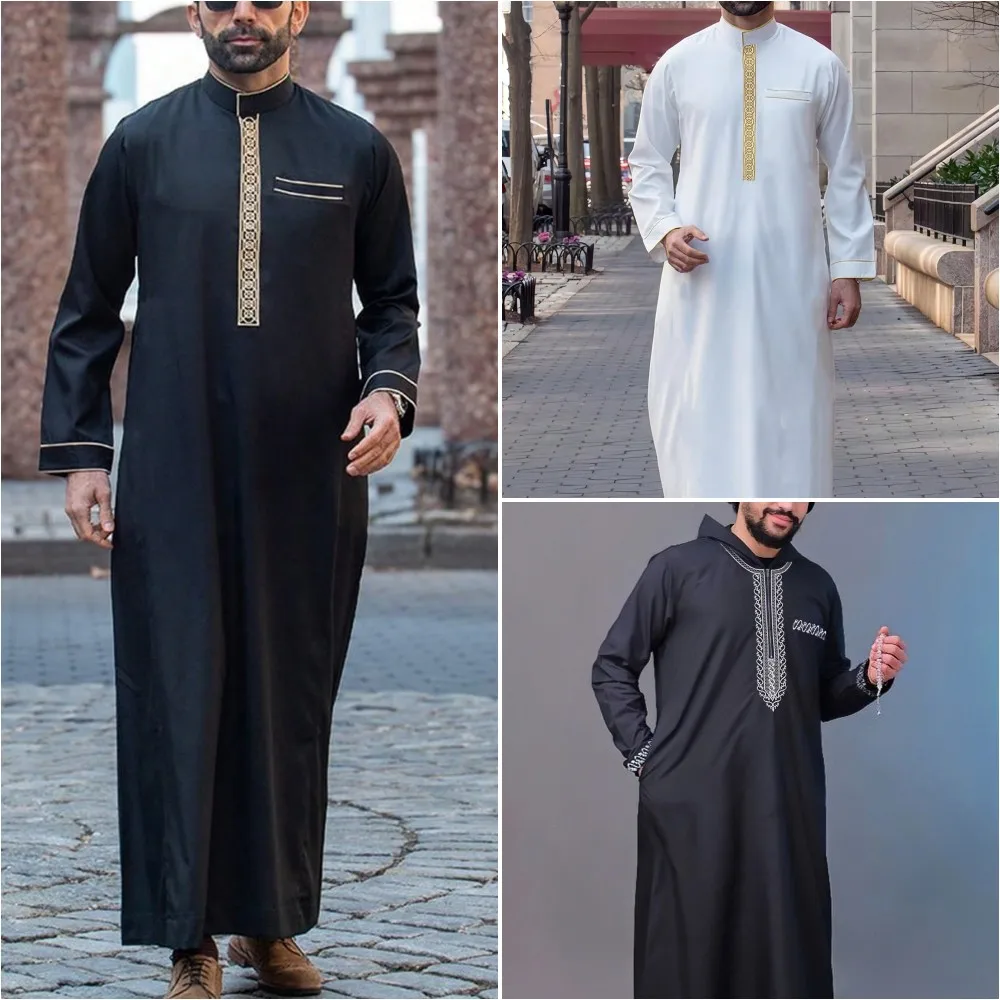 

Muslim Men Robe Embroidered Loose Luxury Long Skirt Ramadan Prayer Kaftan Pakistan Attire Thobe Gentleman Traditional Dress