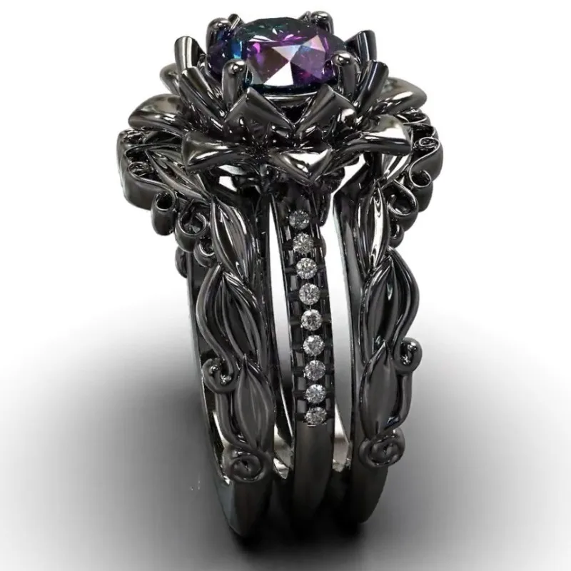 Gun black ring hot-selling three-piece women's ring, rose inlaid zircon jewelry, first choice for wedding and engagement