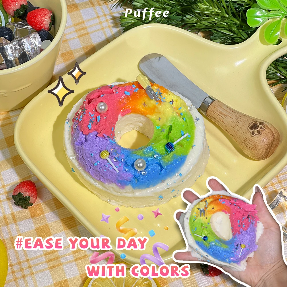Regenbogen-Bagel-Squishy aus lebensmittelechtem Silikon, cremiges weiches Klebespielzeug, Taba-Squishy, Happy Game Kneifbrot-Spielzeug, geeignet für B
