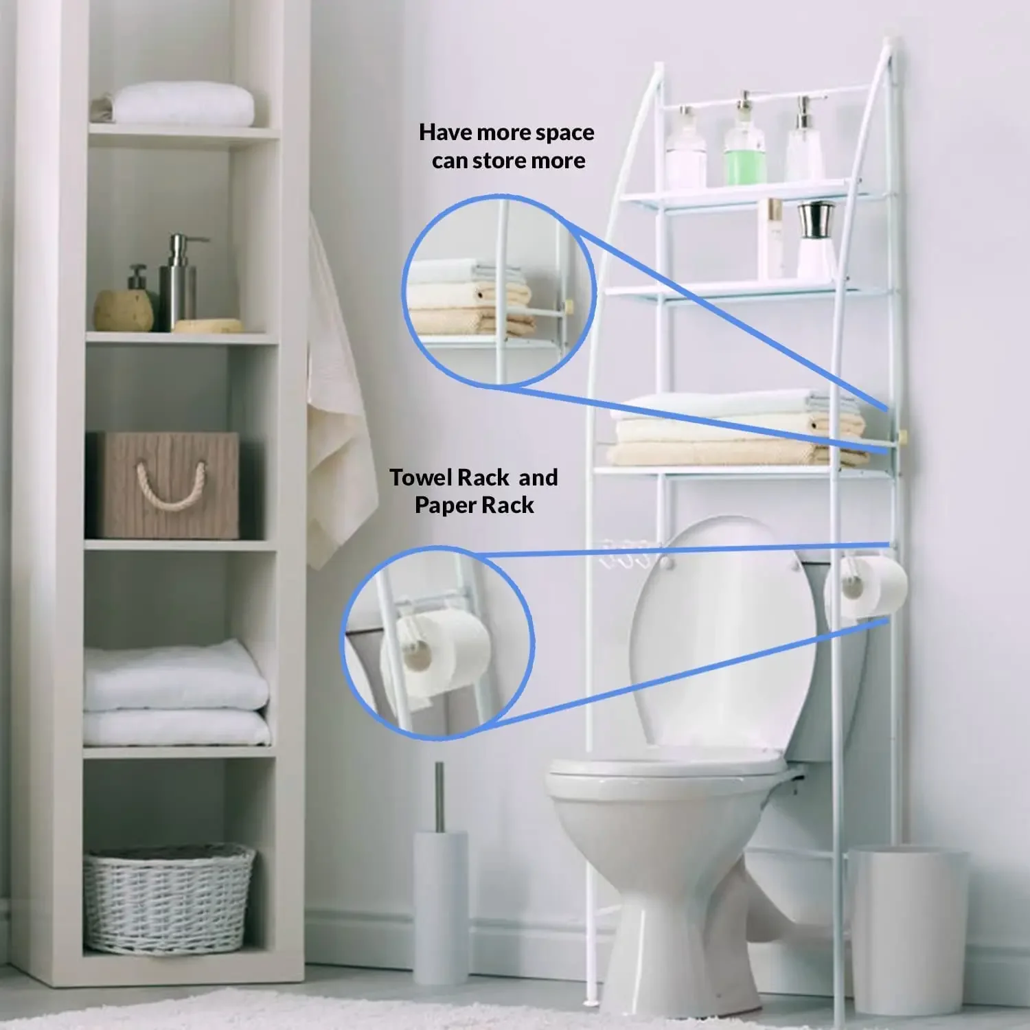 Bathroom Shelving Unit, Toilet and Washing Machine Storage Rack, Wall-Mounted Design without Drilling Holes