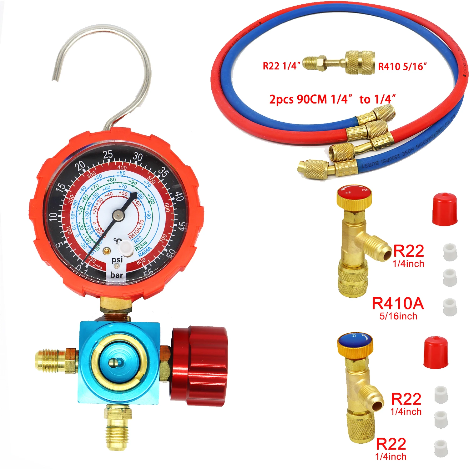 For R410A, R22, R134A, R404A, Air Conditioning Pressure Gauge with Sight Glasses High and Low Pressure Refrigerant Manifolds