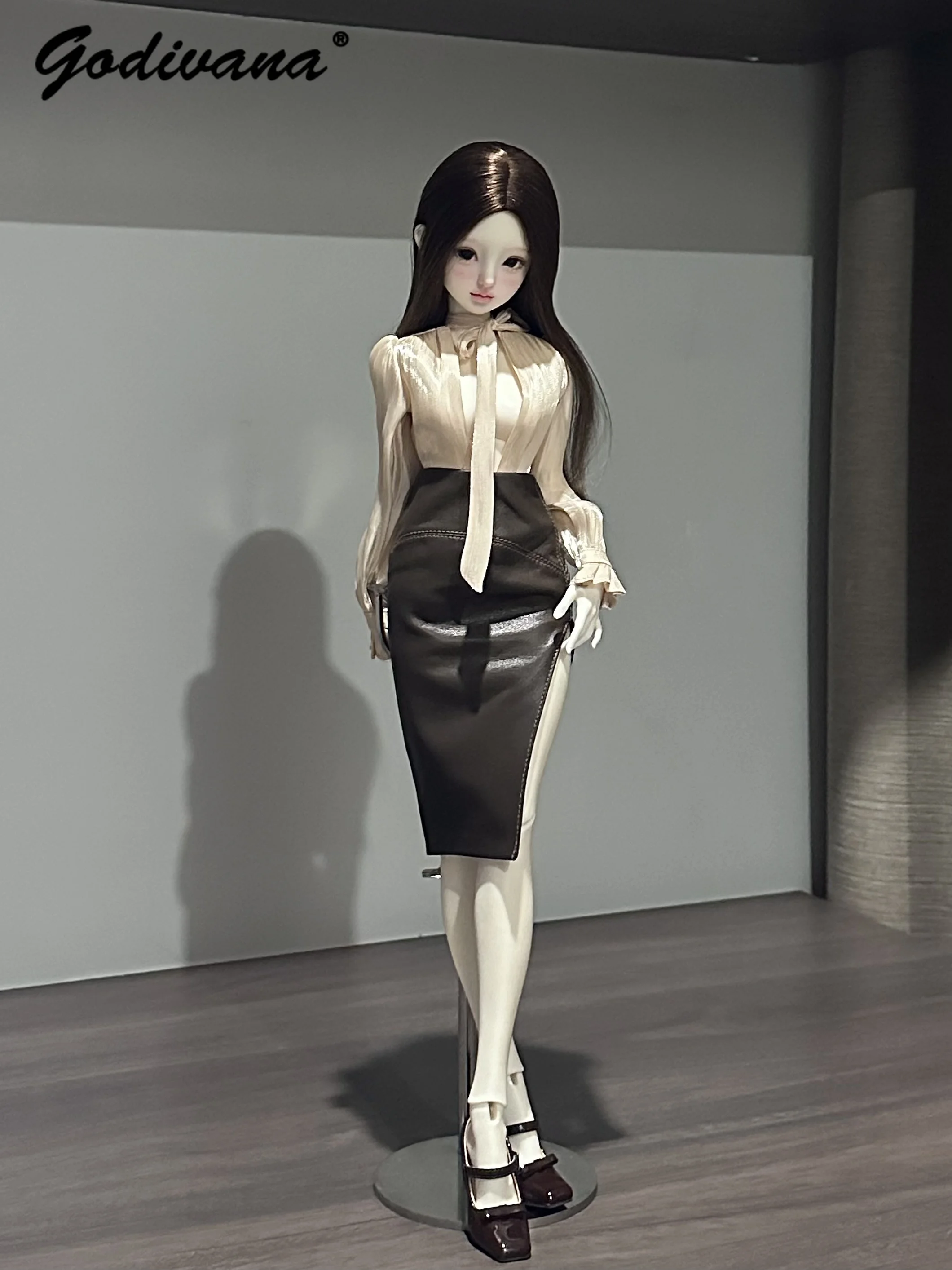 Large 1/4 BJD Doll Office Lady Outfit Elegant Bow Neck Blouse with Ruffle Flared Cuffs Faux Leather Slit Skirt for 1/4 Doll