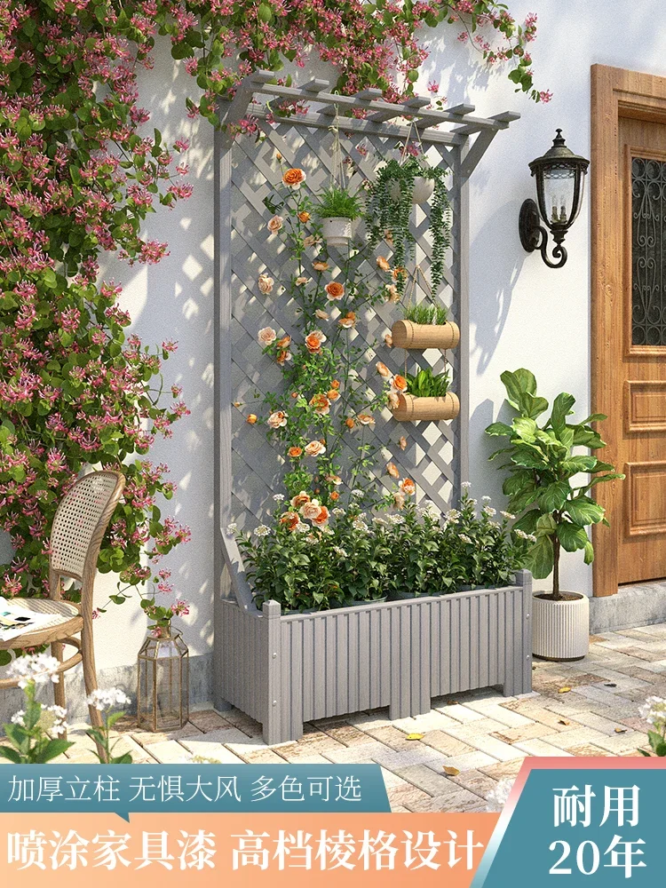 Anti corrosion wooden flower rack, outdoor courtyard balcony,  mesh red grid, outdoor floor to ceiling partition flower box