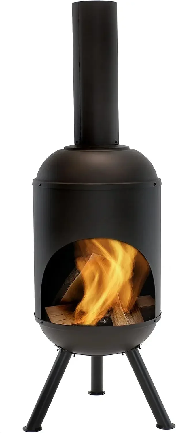 5-Foot Black Cold-Rolled Steel Modern Chiminea with Durable Wood Grate - Heat-Resistant Paint Finish