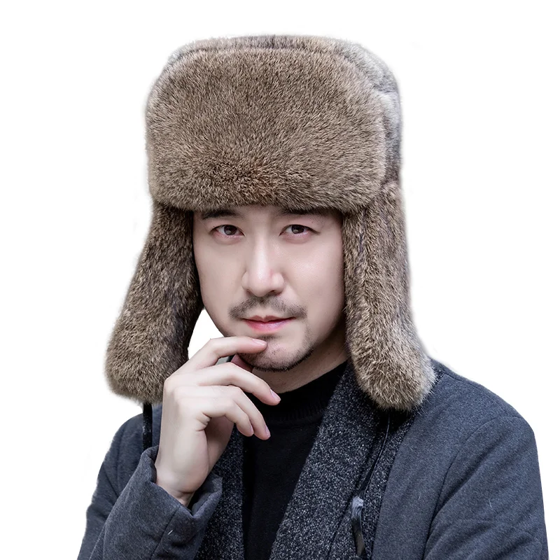 

Fashion Hats Rabbit Fur Cap Man Winter Genuine 100% Fur Bomber Hat Windproof Warm Earmuffs Male Flat Grey Black Sik Russian Hat