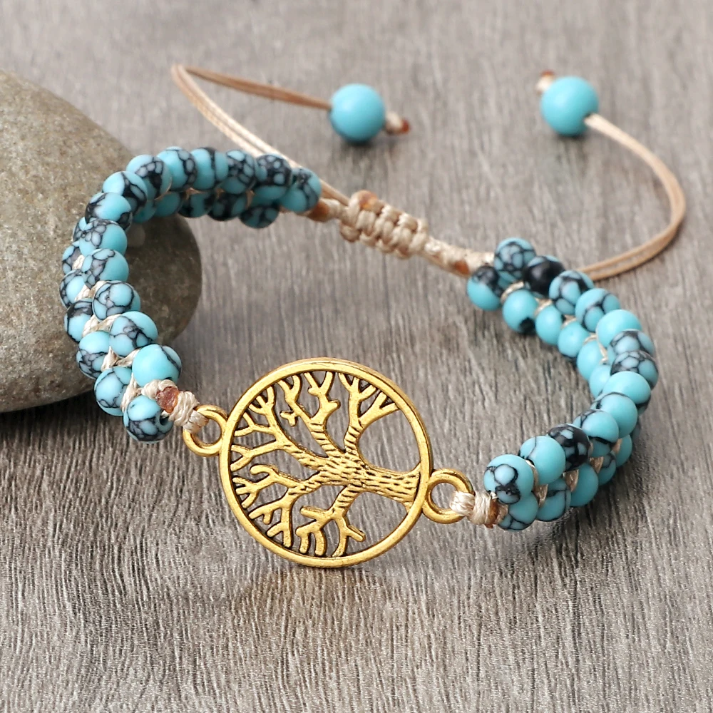 Tree of Life Beaded Bracelet Natural Stone Mala Beads Handmade Braided Bangles for Women Friend Meditation Reiki Healing Jewelry