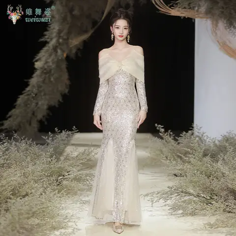 Autumn Champagne Strapless Strapless Tight Mermaid Bridesmaid Dress with Pearl Embroidery Sequins for Quinceanera Dresses