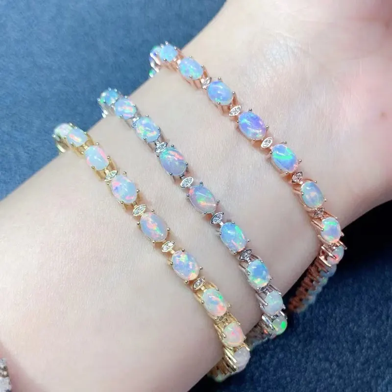 

Australian Opal Bracelet 19 Pieces 4mm*6mm Total 5.7ct Natural Opal Silver Bracelet Thick Gold Plated Keep Jewelry Shining