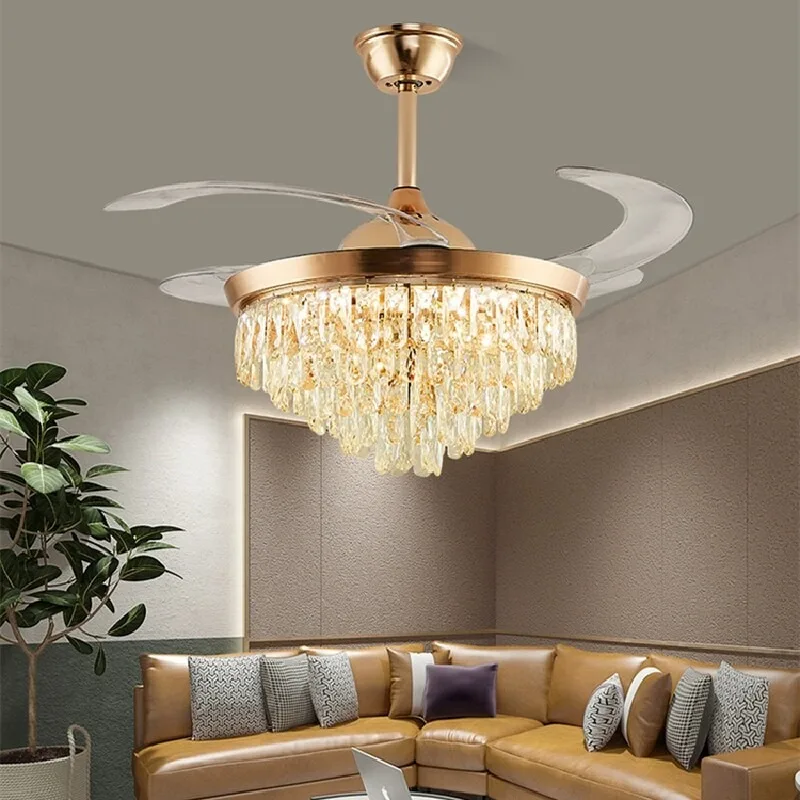 Luxury Crystal Ceiling Fan for Living Room Bedroom 42 Inch 4 Transparent Blades Gold Ceiling Fan with Light and Remote Control
