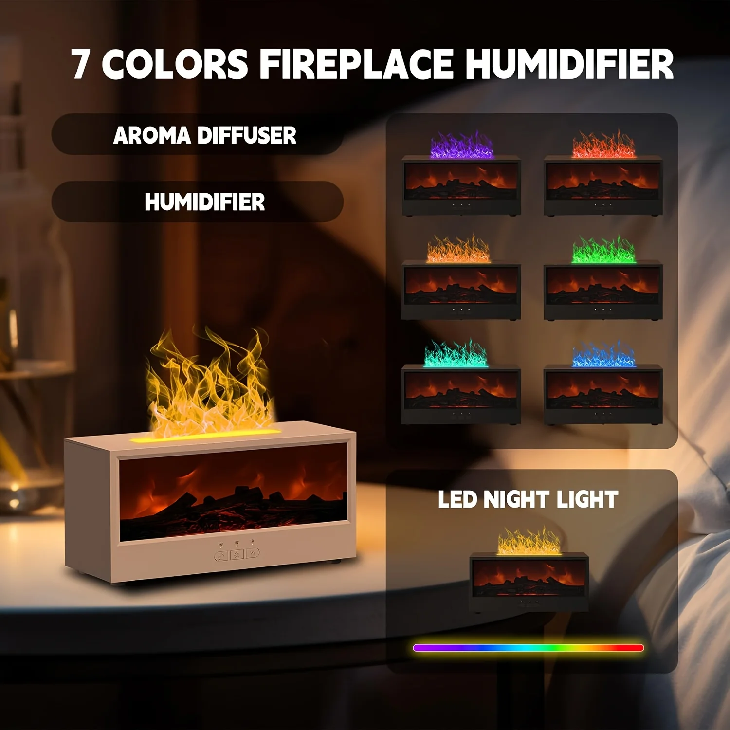 

2025 Новый увлажнитель с имитацией пламени камина, красочные атмосферные огни, три уровня, бесшумное увлажнение для помещения