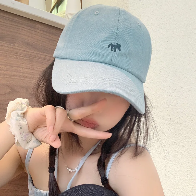 Gorra de béisbol bordada Muji Little Fox para mujer, gorra de verano con protección solar, ala ancha profunda, gorra de mezclilla azul tipo duckbill