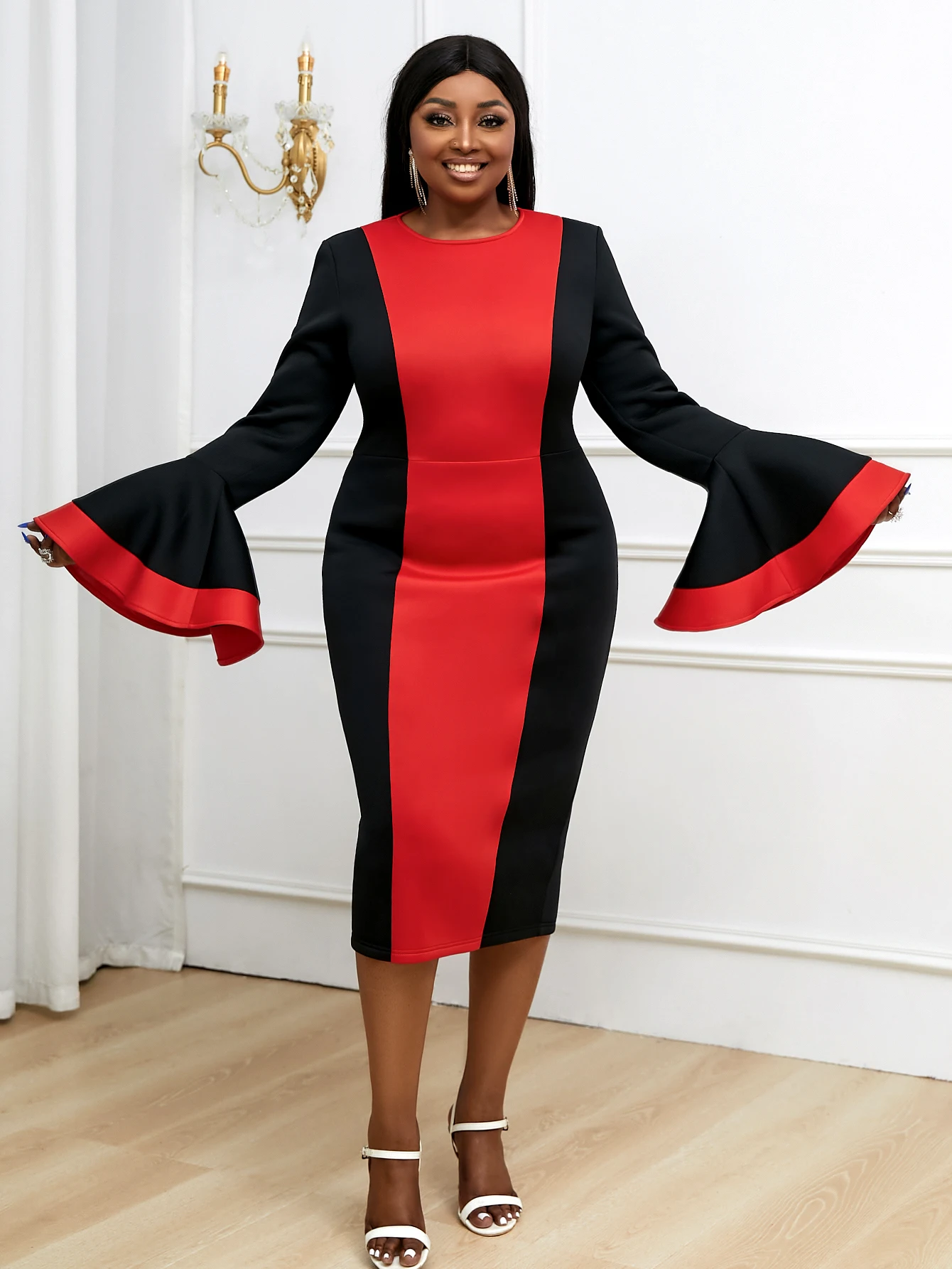 

Women Midi Party Dresses Plus Size Crew Flare Sleeve Neck Red Black Block Bodycon Curvy Women Cocktail Party Night Outfits