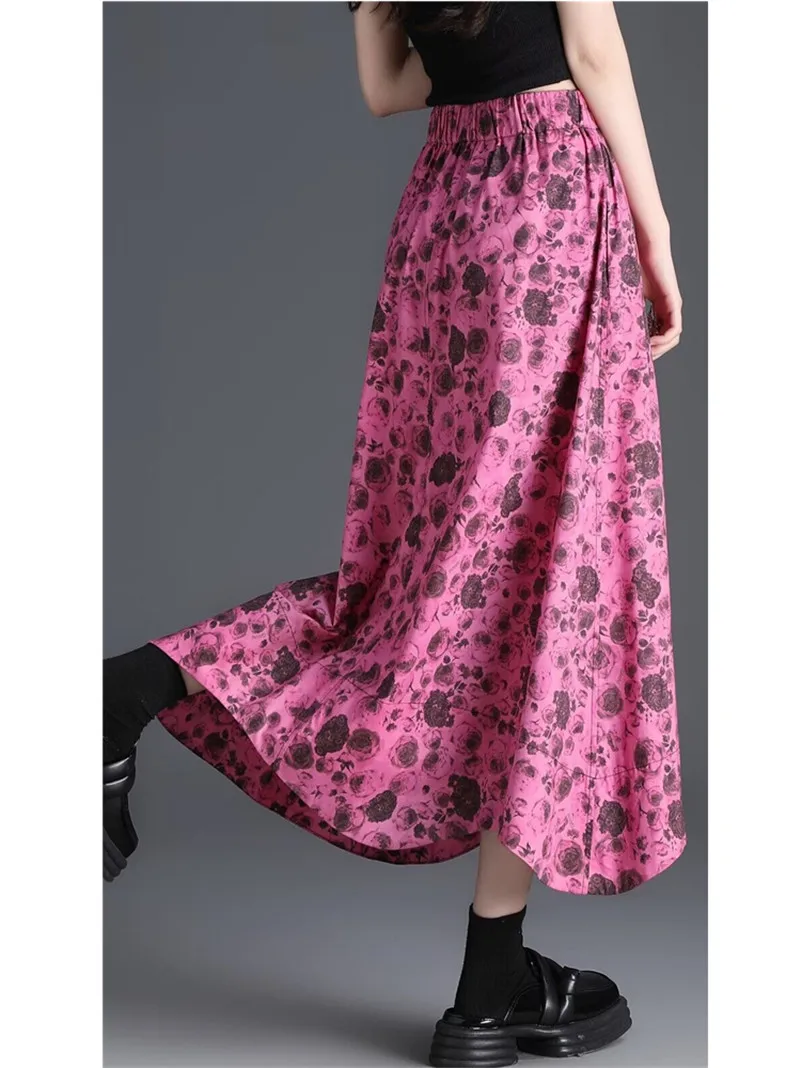 ربيع جديد روز التنانير النساء فوشيا ألف خط جميل زهرة طباعة متموجة حافة فساتين الشمس خمر Y2K السيدات عادية فيستدوس رداء #2