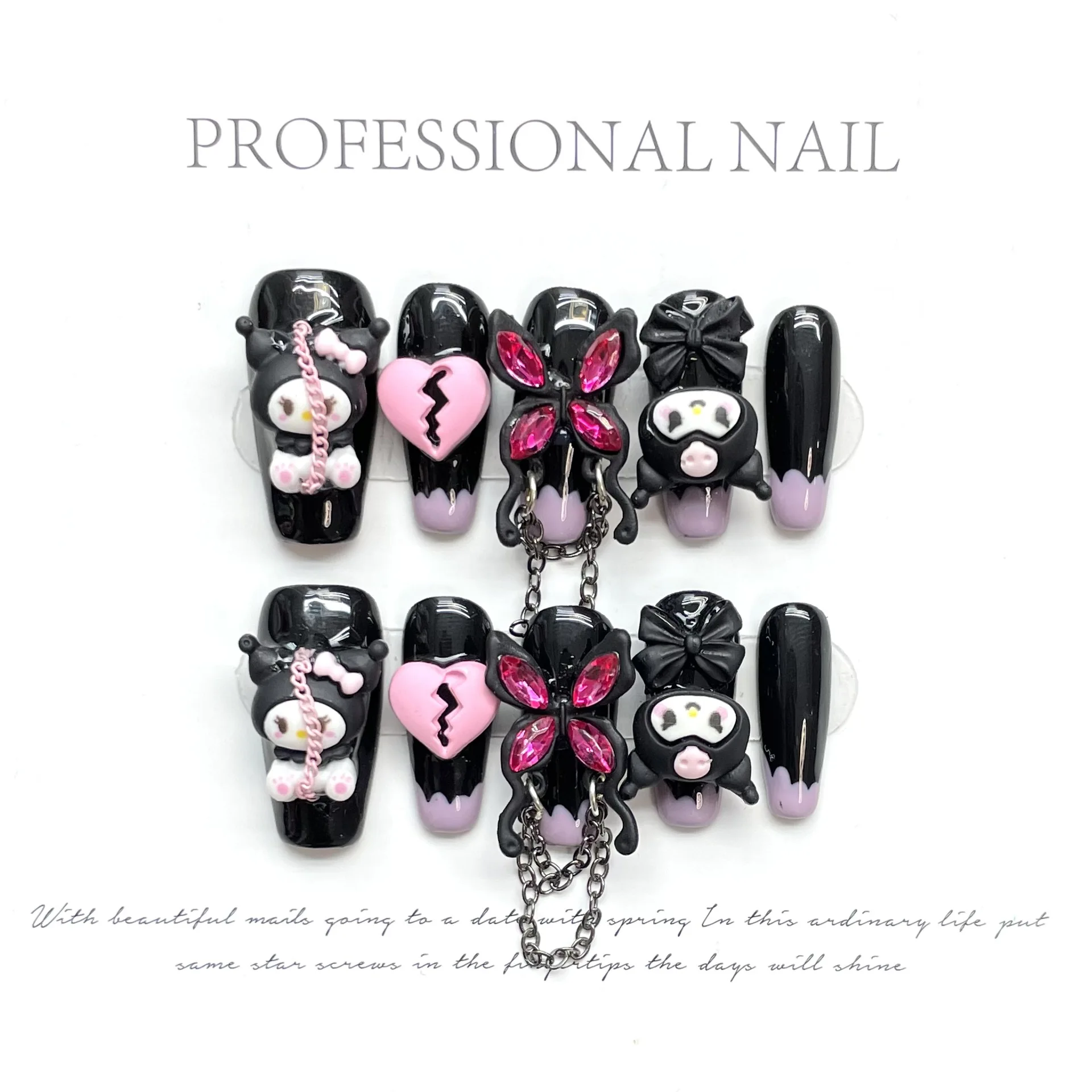 

10pcs Y2k Handmade Press On Nails Purple French Style Black Mid-length T False Nails 3D Heart Cartoon Metal Chain Decor Manicure