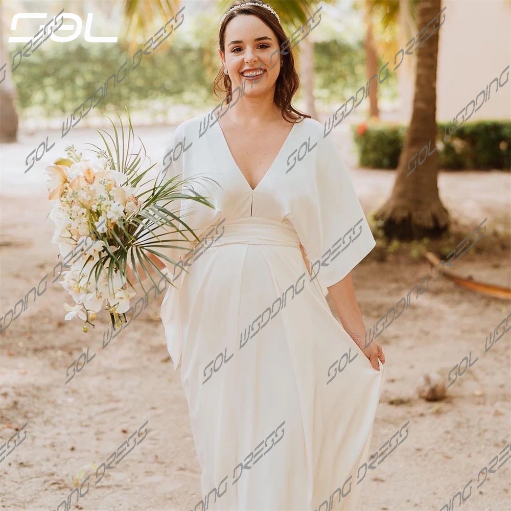 SOL-Robes de mariée en satin à col en V profond pour femmes, mancherons simples, dos sexy, patients trapèze, peu importe, Boho, éducatif