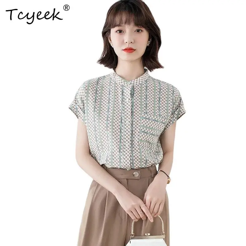 

Tcyeek, 100%Real Silk Elegant Shirt, Women Short Sleeve Stand Print, French Commute Retro Blouse, 2024 Summer Autumn T46047QC