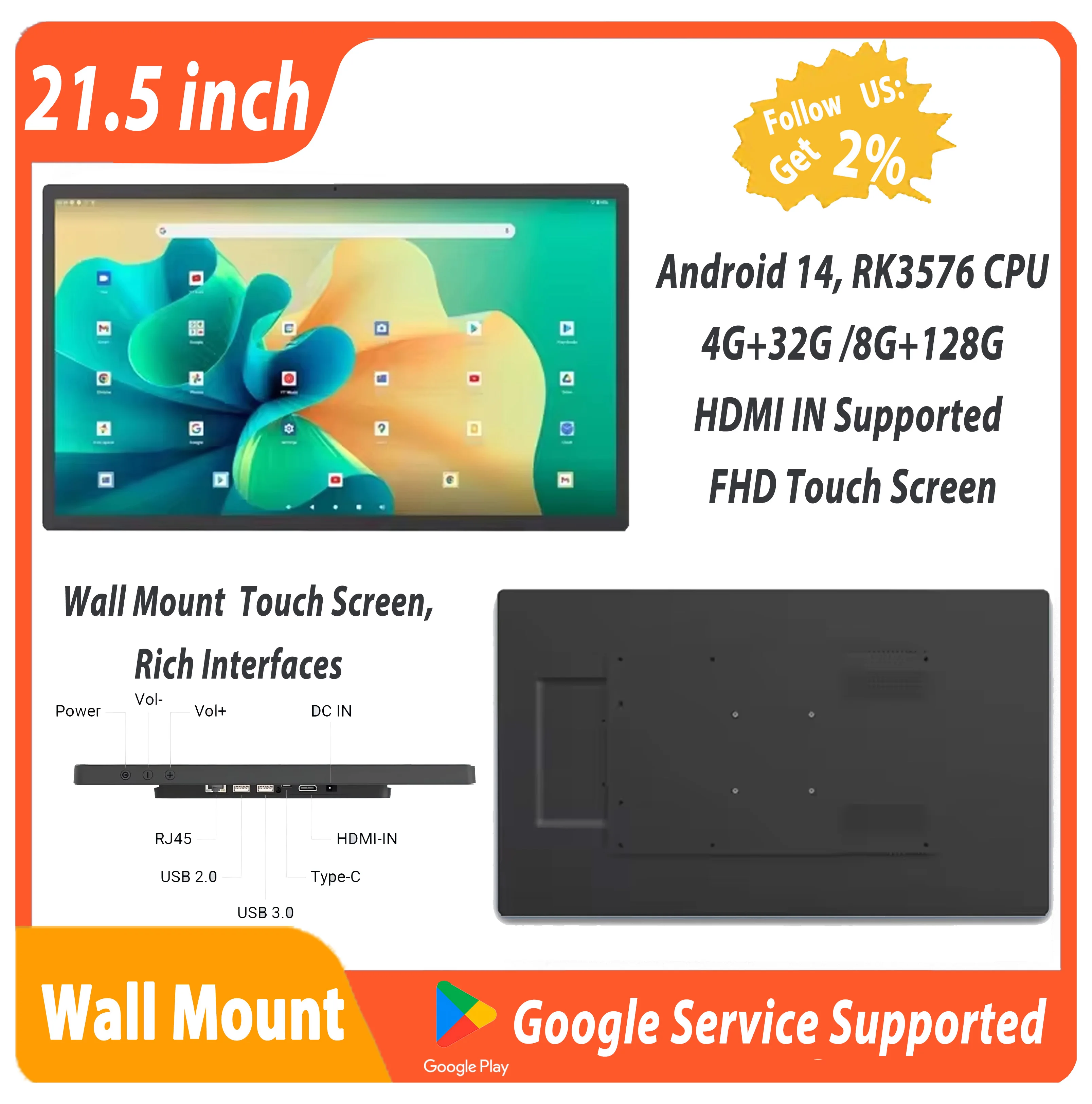 

21.5" 8-core CPU Android 14 Tablet with Wall Mount, RJ45 POE HDMI Input Touch Screen Display, Big Screen Smart Home Controller